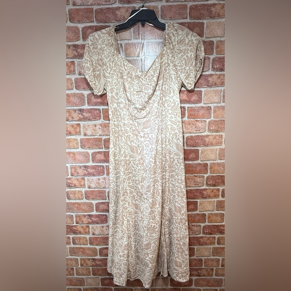 Prairie Cottage country princess neckline Midi linen blend floral beige Dress